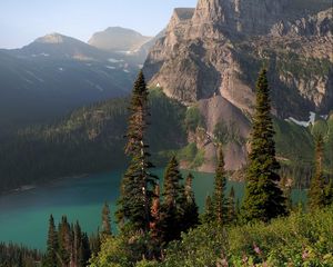 Preview wallpaper rocks, mountains, lake, spruce, trees, sky