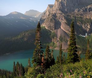 Preview wallpaper rocks, mountains, lake, spruce, trees, sky