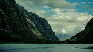 Preview wallpaper rocks, mountains, lake, glare, sky