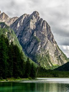 Preview wallpaper rocks, mountains, lake, trees, spruce