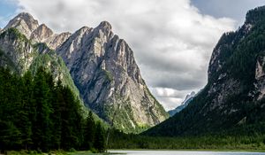 Preview wallpaper rocks, mountains, lake, trees, spruce