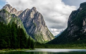 Preview wallpaper rocks, mountains, lake, trees, spruce