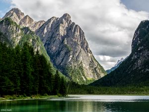 Preview wallpaper rocks, mountains, lake, trees, spruce