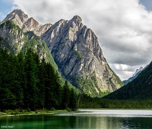 Preview wallpaper rocks, mountains, lake, trees, spruce