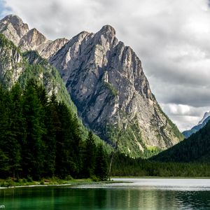 Preview wallpaper rocks, mountains, lake, trees, spruce