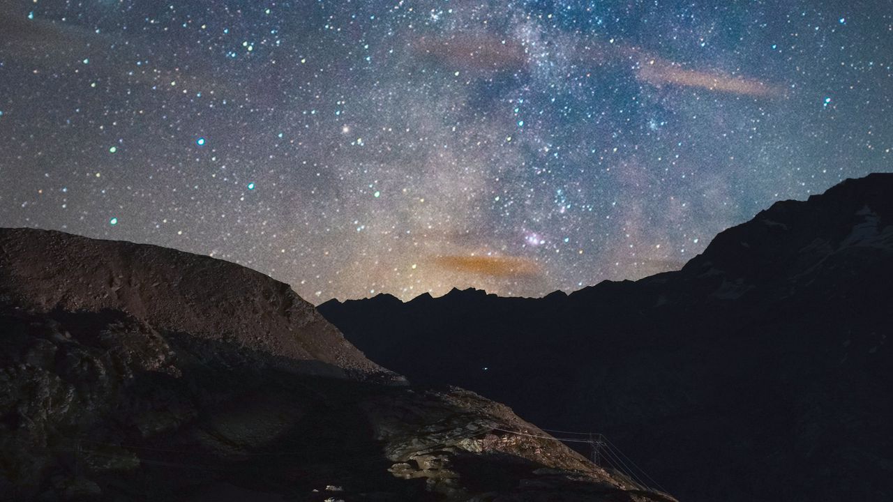 Wallpaper rocks, mountains, night, stars, starry sky, nebula