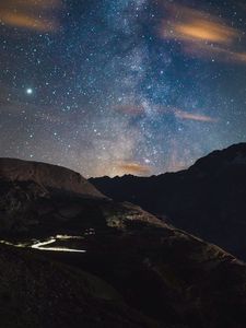 Preview wallpaper rocks, mountains, night, stars, starry sky, nebula