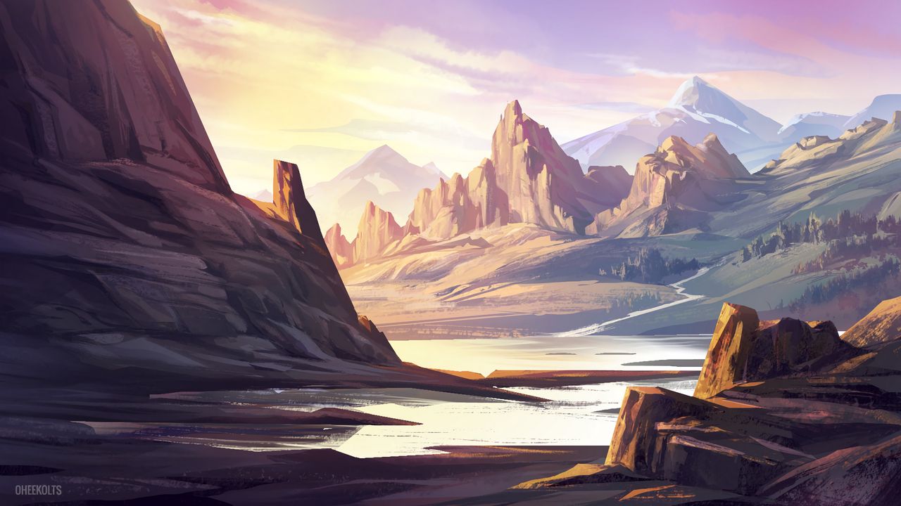 Wallpaper rocks, mountains, peaks, lake, art
