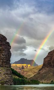 Preview wallpaper rocks, mountains, rainbow, lake, nature