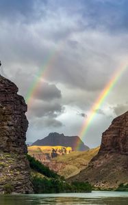 Preview wallpaper rocks, mountains, rainbow, lake, nature