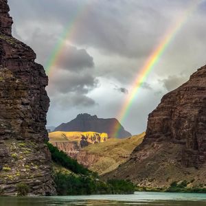 Preview wallpaper rocks, mountains, rainbow, lake, nature