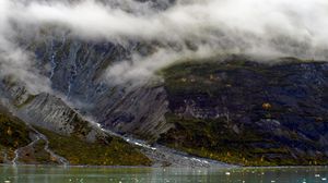 Preview wallpaper rocks, mountains, river, fog, grass