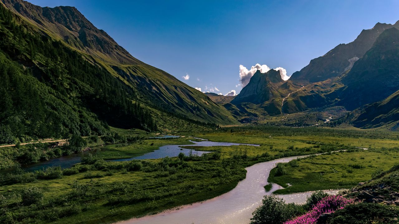 Wallpaper rocks, mountains, river, flowers, landscape