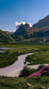 Preview wallpaper rocks, mountains, river, flowers, landscape