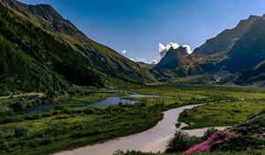 Preview wallpaper rocks, mountains, river, flowers, landscape