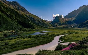 Preview wallpaper rocks, mountains, river, flowers, landscape