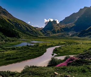 Preview wallpaper rocks, mountains, river, flowers, landscape