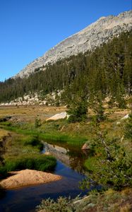 Preview wallpaper rocks, mountains, slope, trees, river