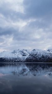 Preview wallpaper rocks, mountains, snow, snowy, water, reflection