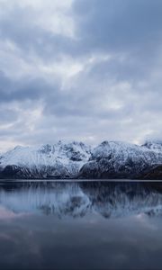 Preview wallpaper rocks, mountains, snow, snowy, water, reflection
