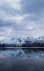 Preview wallpaper rocks, mountains, snow, snowy, water, reflection