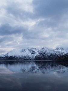 Preview wallpaper rocks, mountains, snow, snowy, water, reflection