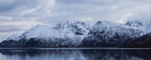 Preview wallpaper rocks, mountains, snow, snowy, water, reflection