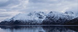 Preview wallpaper rocks, mountains, snow, snowy, water, reflection