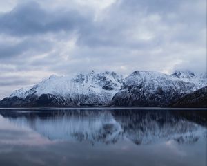 Preview wallpaper rocks, mountains, snow, snowy, water, reflection