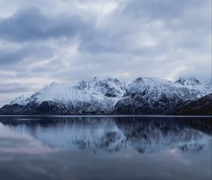 Preview wallpaper rocks, mountains, snow, snowy, water, reflection