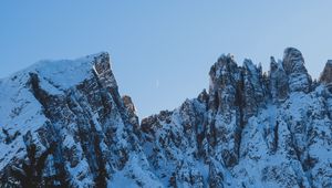 Preview wallpaper rocks, mountains, snow, snowy, spruce, moon