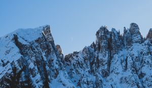 Preview wallpaper rocks, mountains, snow, snowy, spruce, moon