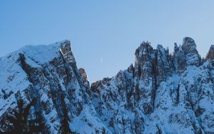 Preview wallpaper rocks, mountains, snow, snowy, spruce, moon