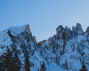 Preview wallpaper rocks, mountains, snow, snowy, spruce, moon