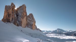 Preview wallpaper rocks, mountains, snow, sun, winter