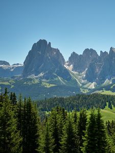 Preview wallpaper rocks, mountains, spruce, trees, sky