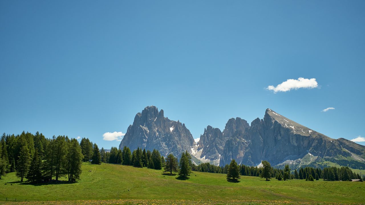 Wallpaper rocks, mountains, trees, grass, sky