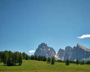 Preview wallpaper rocks, mountains, trees, grass, sky