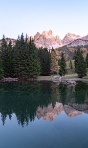 Preview wallpaper rocks, mountains, trees, lake, reflection