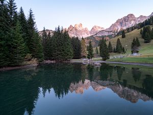 Preview wallpaper rocks, mountains, trees, lake, reflection