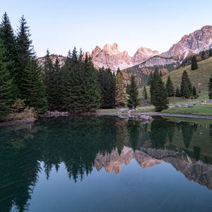 Preview wallpaper rocks, mountains, trees, lake, reflection