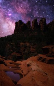 Preview wallpaper rocks, mountains, valley, night, starry sky