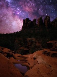 Preview wallpaper rocks, mountains, valley, night, starry sky