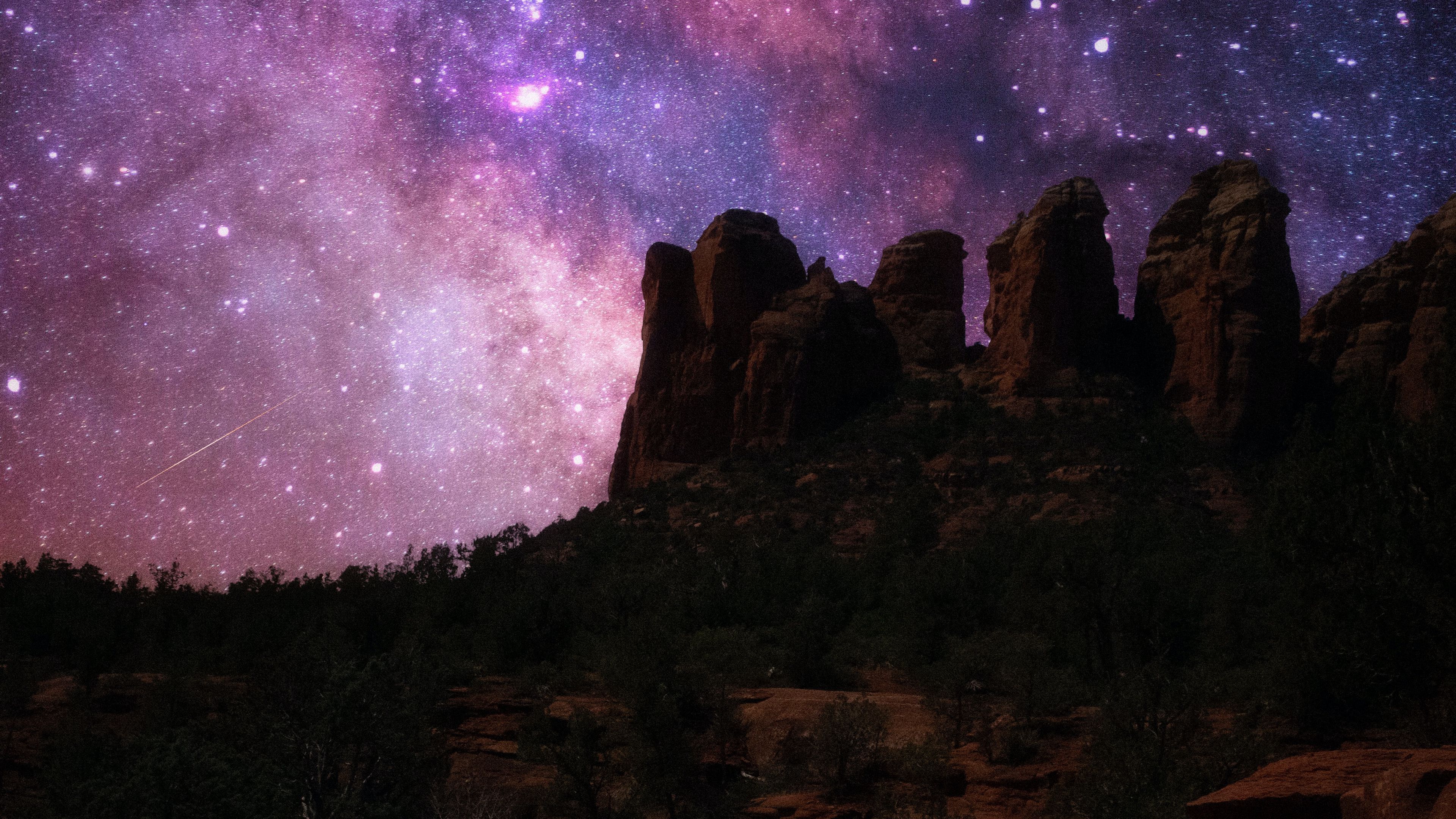 Download Wallpaper 3840x2160 Mountains, Rocks, Night, Starry Sky, Stars