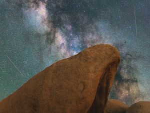 Preview wallpaper rocks, nebula, starry sky, stars, space, starfall