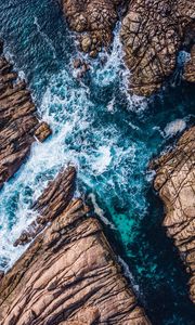 Preview wallpaper rocks, ocean, aerial view, waves, splash