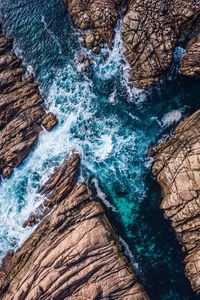 Preview wallpaper rocks, ocean, aerial view, waves, splash