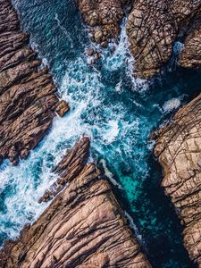 Preview wallpaper rocks, ocean, aerial view, waves, splash