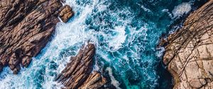 Preview wallpaper rocks, ocean, aerial view, waves, splash