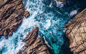 Preview wallpaper rocks, ocean, aerial view, waves, splash